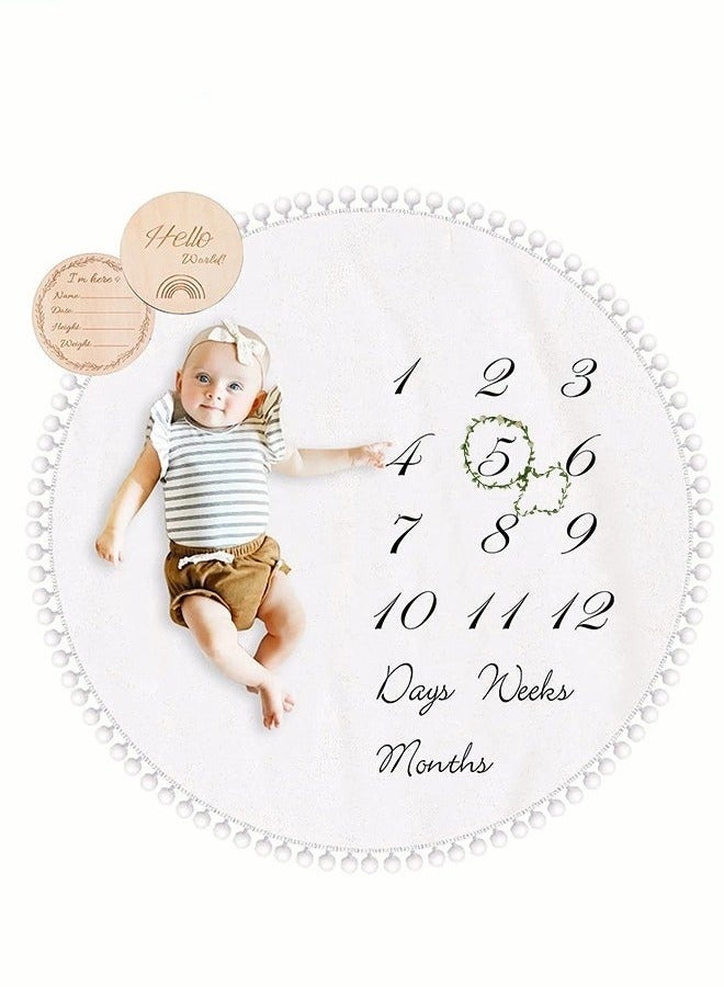Baby Milestone Monthly Blanket Mat with Double-Sided Milestones Cards and Circle Garland Thick Flannel Round Rug for Boy Girl, Baby Photography Props - Image 1