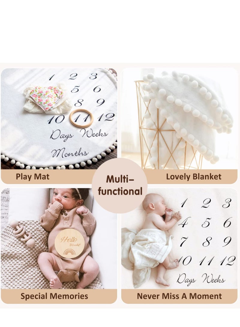 Baby Milestone Monthly Blanket Mat with Double-Sided Milestones Cards and Circle Garland Thick Flannel Round Rug for Boy Girl, Baby Photography Props - Image 2