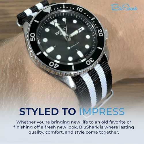 BluShark - Original Collection Military-Style Waterproof Watch Strap, Fits All Timepiece Brands, Durable Nylon Wristwatch Accessories with Stainless Steel Buckle, Bond Tuxedo, 22mm - Image 5