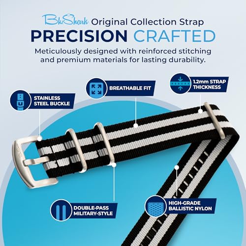 BluShark - Original Collection Military-Style Waterproof Watch Strap, Fits All Timepiece Brands, Durable Nylon Wristwatch Accessories with Stainless Steel Buckle, Bond Tuxedo, 22mm - Image 3