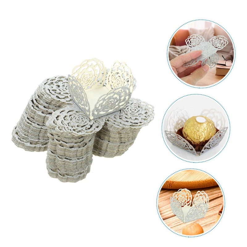 100 Pcs Gold Glitter Silver Hollow Candy Cups Elegant Floral Design Paper Wrappers For Weddings Parties - Image 5