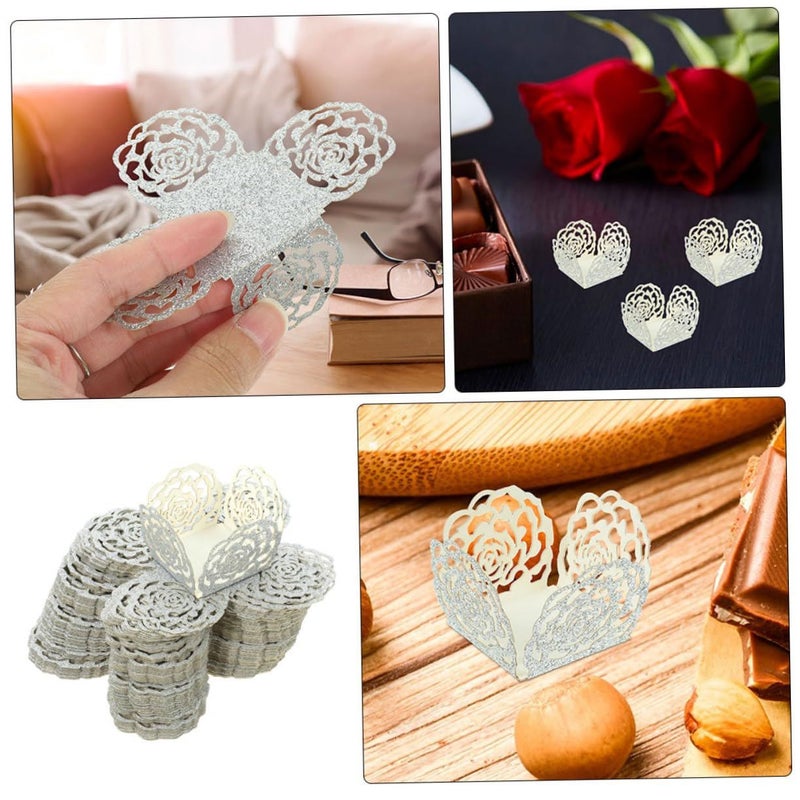 100 Pcs Gold Glitter Silver Hollow Candy Cups Elegant Floral Design Paper Wrappers For Weddings Parties - Image 3