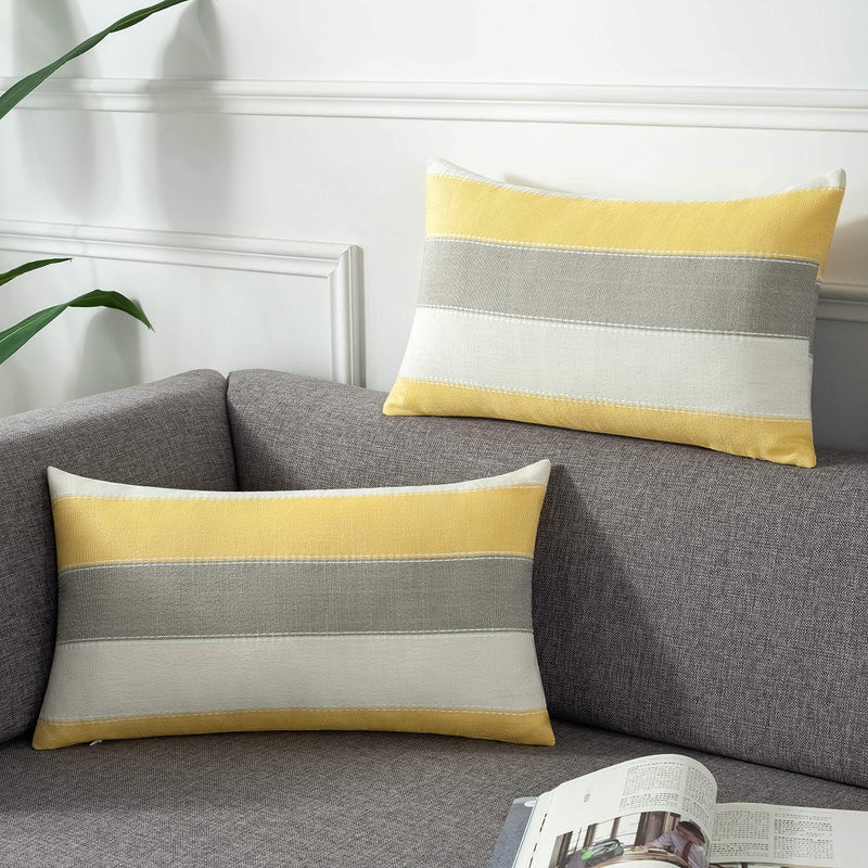AmHoo Pack of 2 Farmhouse Stripe Check Throw Pillow Covers Set Case Cotton Linen Decorative Pillowcases Cushion Cover for Couch Bench Sofa 12x20Inch Yellow Beige