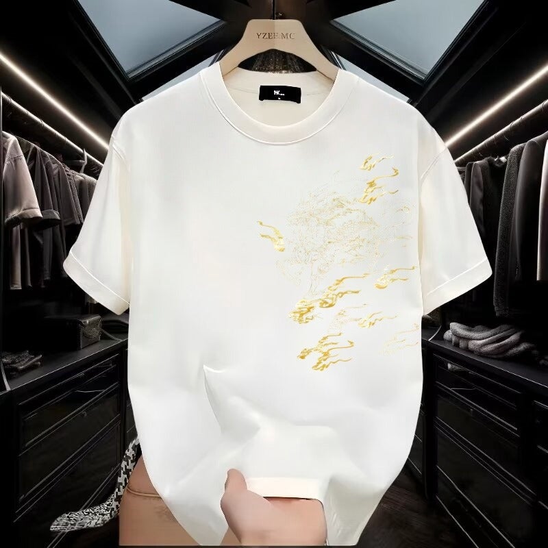 Summer New National Fashion Chinese Style Kirin Printed Loose Fat Guy Cotton Half-Sleeve T-Shirt Social Short-Sleeved T-Shirt for Men 180g * white (combed cotton)