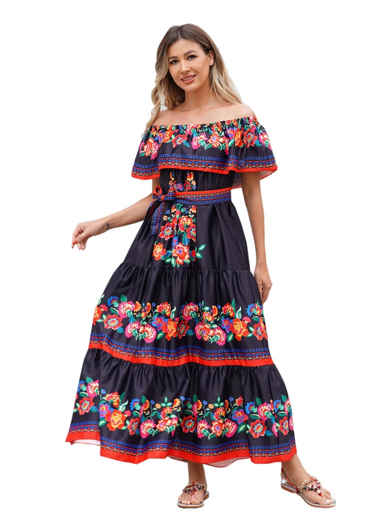 IKADEX Women Mexican Dress Off Shoulder Floral Long Maxi Dress Summer Beach Party Cinco de Mayo Dresses with Belt Black XL - Image 1