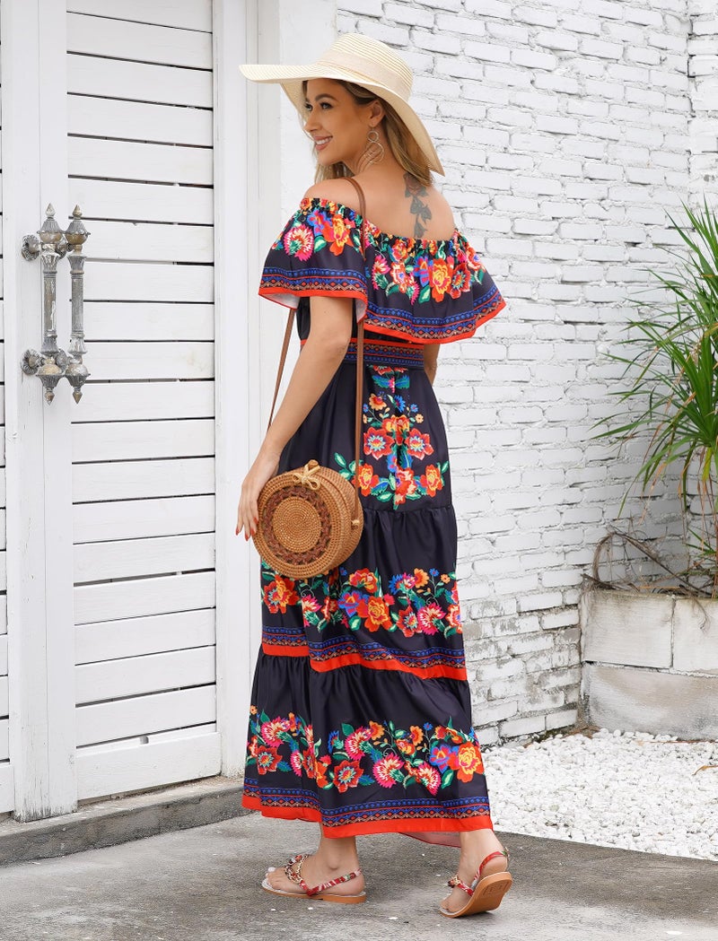 IKADEX Women Mexican Dress Off Shoulder Floral Long Maxi Dress Summer Beach Party Cinco de Mayo Dresses with Belt Black XL - Image 4
