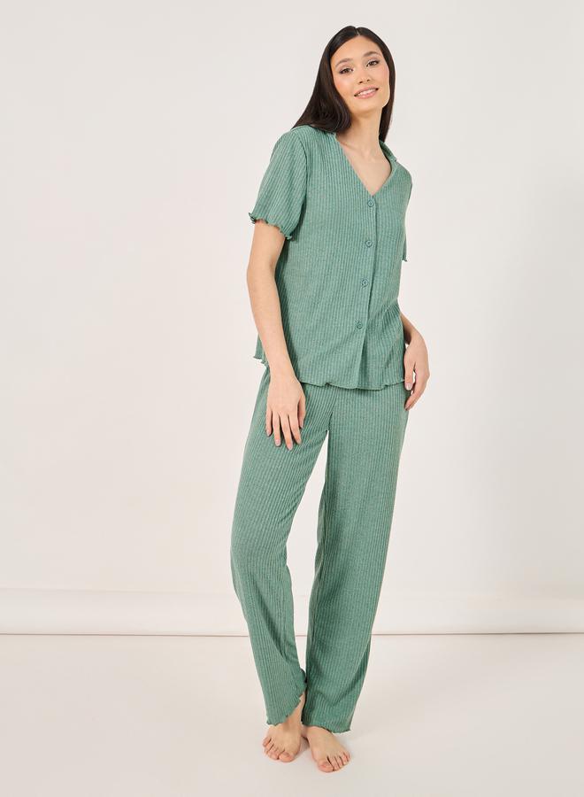 Styli Brushed Rib Lettuce Edge Shirt and Pyjama Set  - Image 1