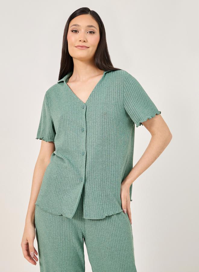 Styli Brushed Rib Lettuce Edge Shirt and Pyjama Set  - Image 2