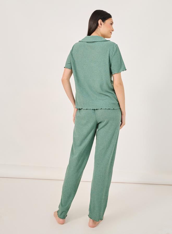 Styli Brushed Rib Lettuce Edge Shirt and Pyjama Set  - Image 4