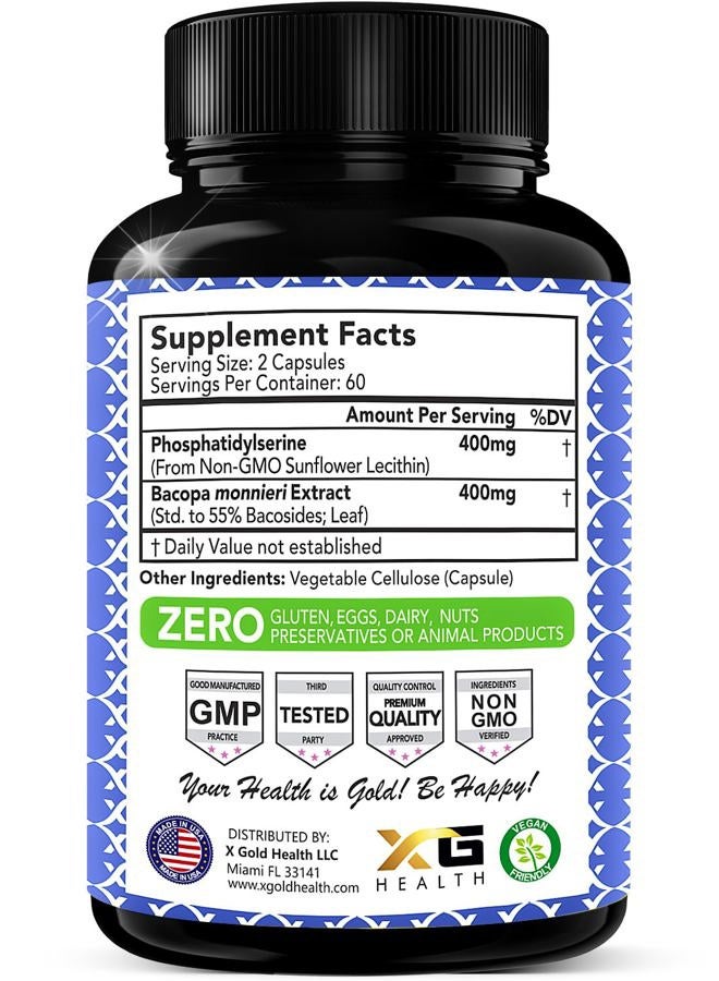 X Gold Health PhosphatidylSerine & Bacopa Monnieri 400 mg 2 in 1 Supplement - Natural Brain Enhancer/Nootropic for Enhanced Focus and Concentration, Memory Support, & Cognitive Function - 120 Vegetarian Capsules - Image 2