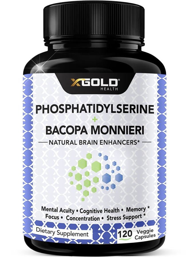 X Gold Health PhosphatidylSerine & Bacopa Monnieri 400 mg 2 in 1 Supplement - Natural Brain Enhancer/Nootropic for Enhanced Focus and Concentration, Memory Support, & Cognitive Function - 120 Vegetarian Capsules - Image 1