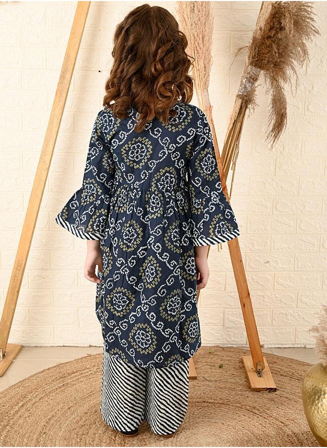 LILPICKS Navy Blue Kurta Set Straight Fit made from Cotton featuring Self Design design and Round Neck neckline - Perfect for Festive!  - Image 4