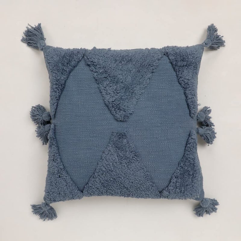 pepme pepme Tufted Cushion Cover Tassles top Bottom Triangles 16x16 Blue  - Image 2