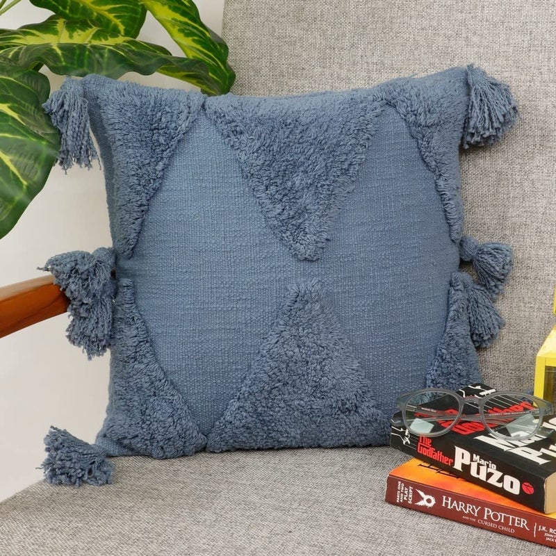 pepme pepme Tufted Cushion Cover Tassles top Bottom Triangles 16x16 Blue  - Image 1