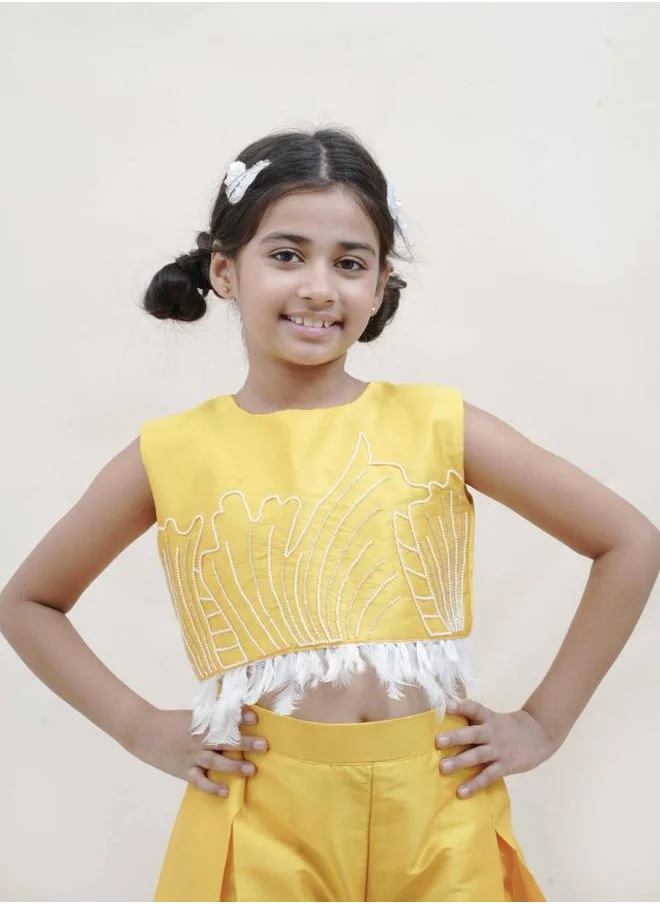 مايثيلي Maithili Embellished Faux Feather Trim Crop Top and Palazzo Set