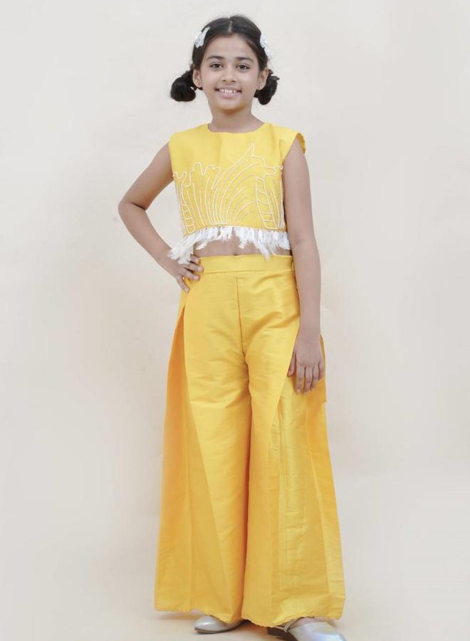 Maithili Maithili Embellished Faux Feather Trim Crop Top and Palazzo Set  - Image 1