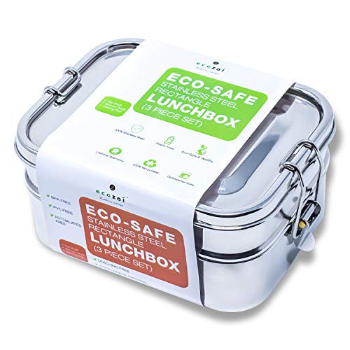 ecozoi Stainless Steel Bento Lunch Box 2Tier 60 Oz with Bonus Lunch Pod  Leak Proof Top Tier Redesigned Silicone Seal  Eco Friendly Reusable Metal Food Storage Container for School and Work - Image 1