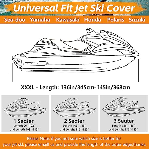Tokept Trailerable Jet Ski Cover 300D Heavy Duty Waterproof PWC Cover with Reflective Strip Vents Fits Seadoo Yamaha GTX Kawasaki Honda Polaris 3 Seater 136 to 145 L BlackGrey - Image 3