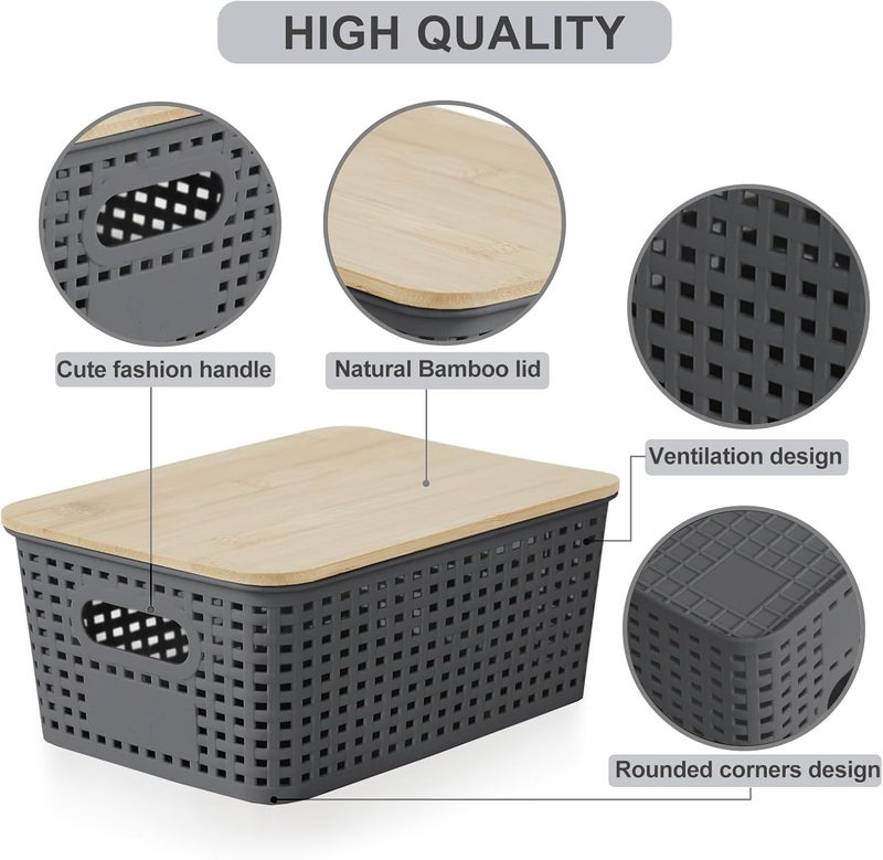 Bagnizer Small Plastic Storage Bins with Bamboo Lids 5.2qt Stackable Box Basket Pantry Decorative Containers Cute with Lable for Organizing Desktop Closet Office Gray of 6 packs 10 * 7.2 * 4.1'’ - Image 3