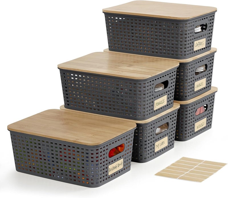 Bagnizer Small Plastic Storage Bins with Bamboo Lids 5.2qt Stackable Box Basket Pantry Decorative Containers Cute with Lable for Organizing Desktop Closet Office Gray of 6 packs 10 * 7.2 * 4.1'’ - Image 1