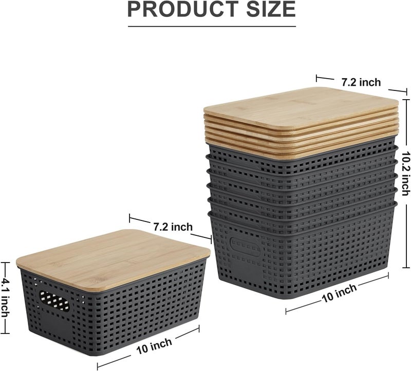 Bagnizer Small Plastic Storage Bins with Bamboo Lids 5.2qt Stackable Box Basket Pantry Decorative Containers Cute with Lable for Organizing Desktop Closet Office Gray of 6 packs 10 * 7.2 * 4.1'’ - Image 2