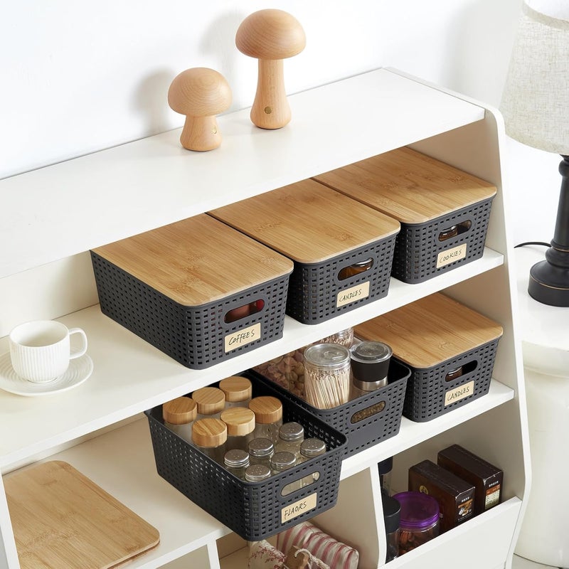 Bagnizer Small Plastic Storage Bins with Bamboo Lids 5.2qt Stackable Box Basket Pantry Decorative Containers Cute with Lable for Organizing Desktop Closet Office Gray of 6 packs 10 * 7.2 * 4.1'’ - Image 5