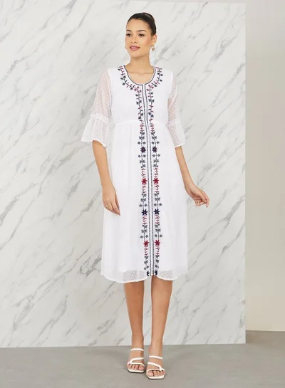 Styli Styli Dobby Floral Embroidered A-Line Midi Dress