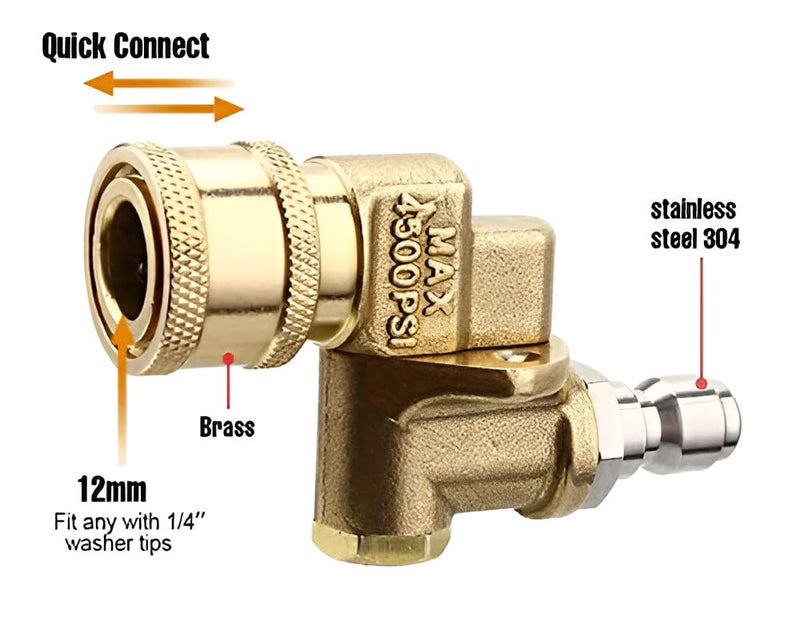 FT Tools فوهة بزاوية 90 درجة ثقيلة الوزن/موصل دوار، موصل سريع التحرير قابل للتعديل بزاوية متعددة (QRC) لغسالات الضغط وغسالات السيارات. (1/4 بوصة توصيل سريع، 4500 PSI) - Image 4