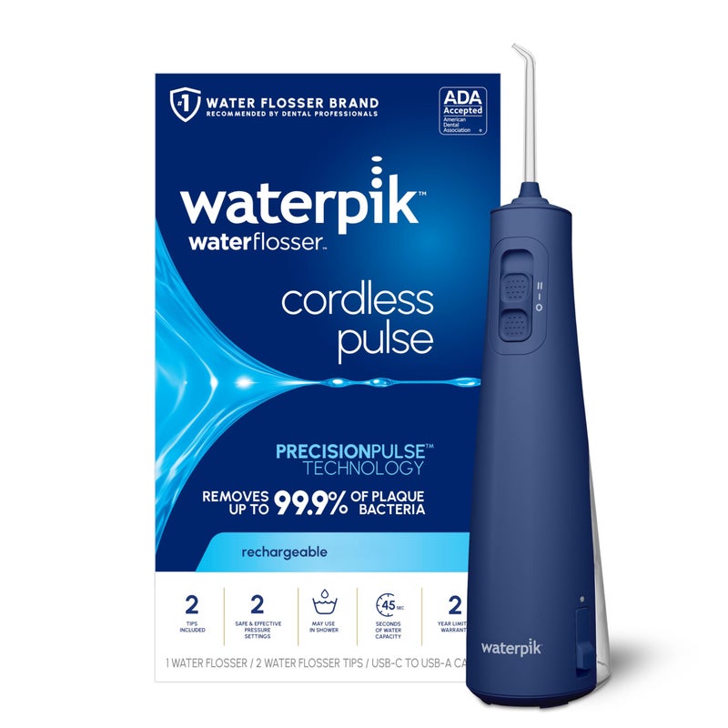 Waterpik Cordless Pulse Rechargeable Portable Water Flosser for Teeth, Gums, Braces Care and Travel with 2 Flossing Tips, Waterproof, ADA Accepted, WF-20 Blue, Packaging May Vary - Image 1