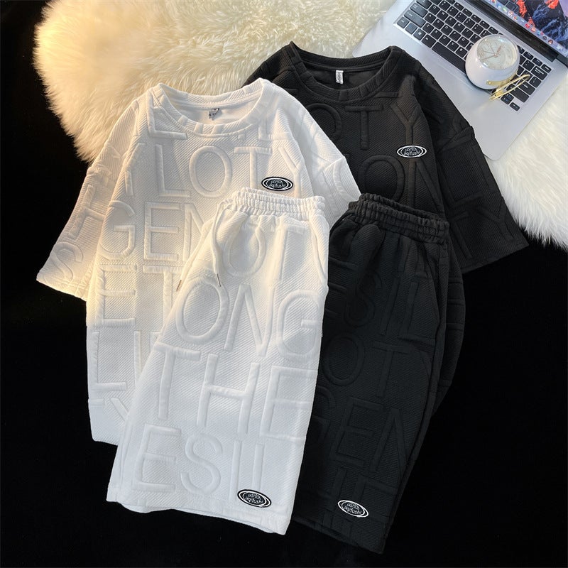 New Hong Kong Style All-match Casual Suit Summer Trendy Three-dimensional Printed Letter Short-sleeved T-shirt Loose Shorts Two-piece Set White - Image 2