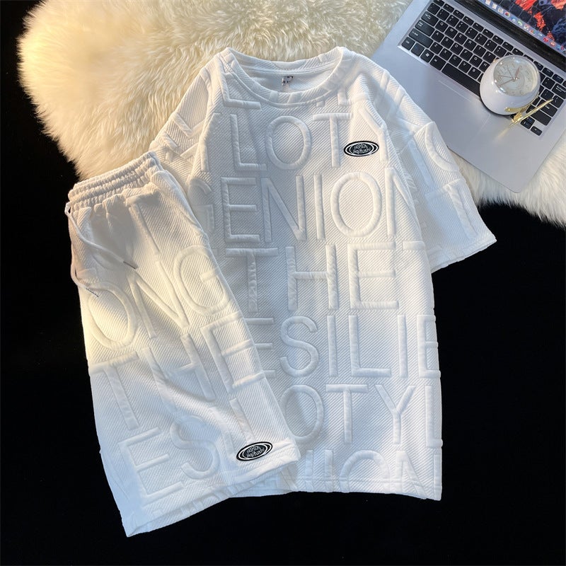 New Hong Kong Style All-match Casual Suit Summer Trendy Three-dimensional Printed Letter Short-sleeved T-shirt Loose Shorts Two-piece Set White - Image 4
