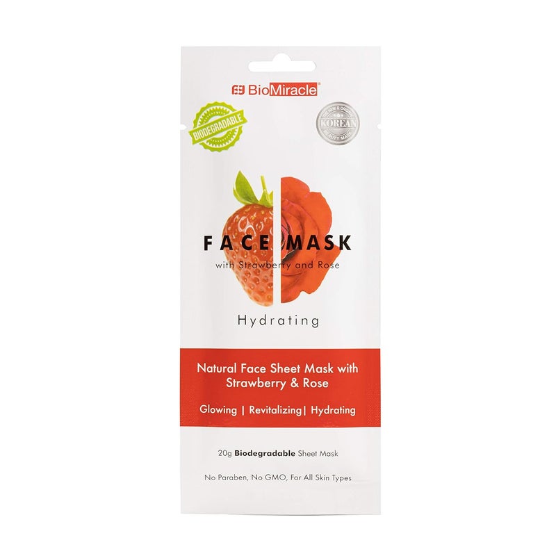BioMiracle BioMiracle Hydrating Natural Face Mask Sheet with Strawberry and Rose for Glowing Revitalized Moisturized Skin Spa Treatment Mask Pack of 5 