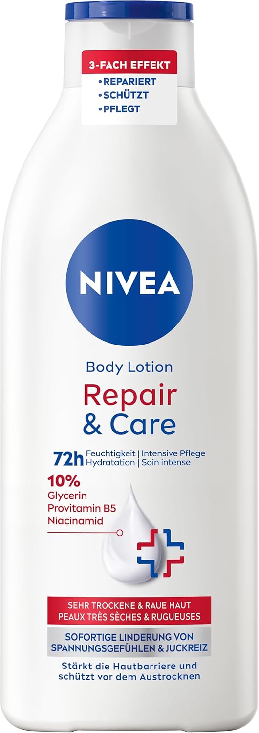 NIVEA Body Lotion Repair Care Body Cream for Very Dry Skin to Relieve Tension Feelings Body Lotion with Glycerin Niacinamide Provitamin B5 400 ml