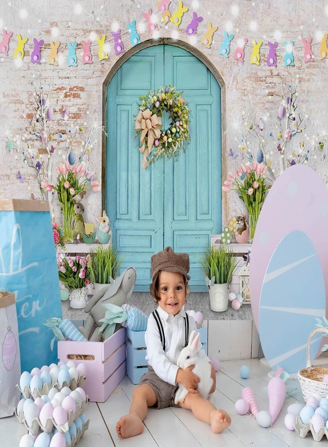 Mocsicka Easter Backdrop Blue Wooden Doors Brick Wall Bunny Rabbit Spring Photography Backdrops Easter Day Party Decorations Easter Photo Background Photo Studio Props (7x5ft (82x60 inch)) - Image 3