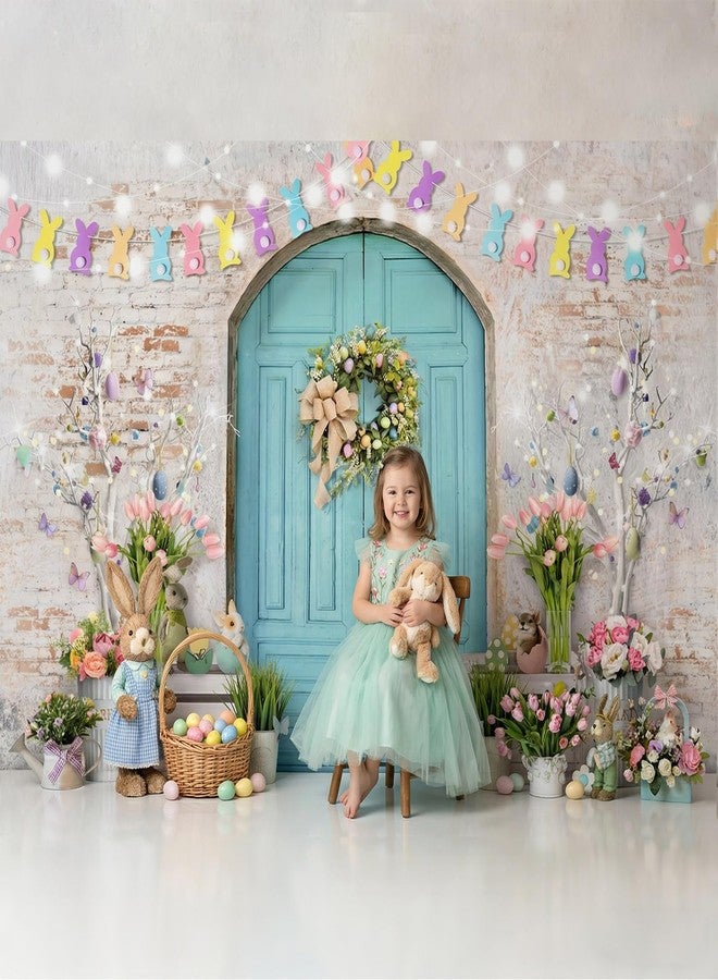 Mocsicka Easter Backdrop Blue Wooden Doors Brick Wall Bunny Rabbit Spring Photography Backdrops Easter Day Party Decorations Easter Photo Background Photo Studio Props (7x5ft (82x60 inch)) - Image 2