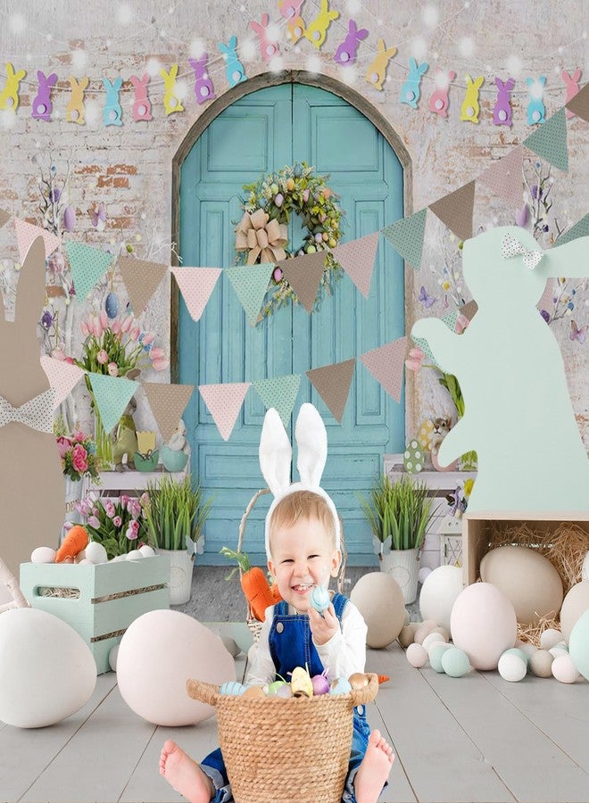 Mocsicka Easter Backdrop Blue Wooden Doors Brick Wall Bunny Rabbit Spring Photography Backdrops Easter Day Party Decorations Easter Photo Background Photo Studio Props (7x5ft (82x60 inch)) - Image 4