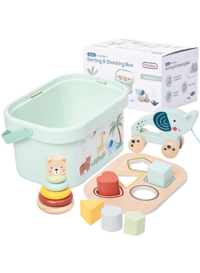Prextex ألعاب الفرز والتكديس الخشبية PREXTEX 3 في 1 - تشمل صندوق فرز الأشكال ثلاثية الأبعاد، 5 حلقات تكديس مع دب، وفيل بعجلات - تنمي المهارات الحركية - للأعمار من 18 شهرًا فما فوق - Image 1