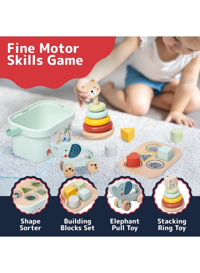 Prextex ألعاب الفرز والتكديس الخشبية PREXTEX 3 في 1 - تشمل صندوق فرز الأشكال ثلاثية الأبعاد، 5 حلقات تكديس مع دب، وفيل بعجلات - تنمي المهارات الحركية - للأعمار من 18 شهرًا فما فوق - Image 4