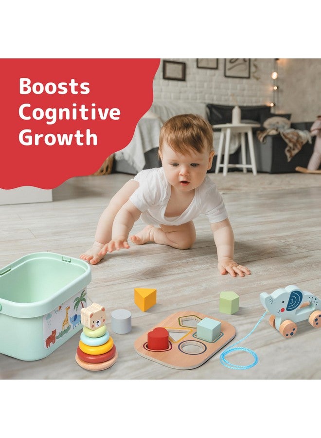 Prextex ألعاب الفرز والتكديس الخشبية PREXTEX 3 في 1 - تشمل صندوق فرز الأشكال ثلاثية الأبعاد، 5 حلقات تكديس مع دب، وفيل بعجلات - تنمي المهارات الحركية - للأعمار من 18 شهرًا فما فوق - Image 2
