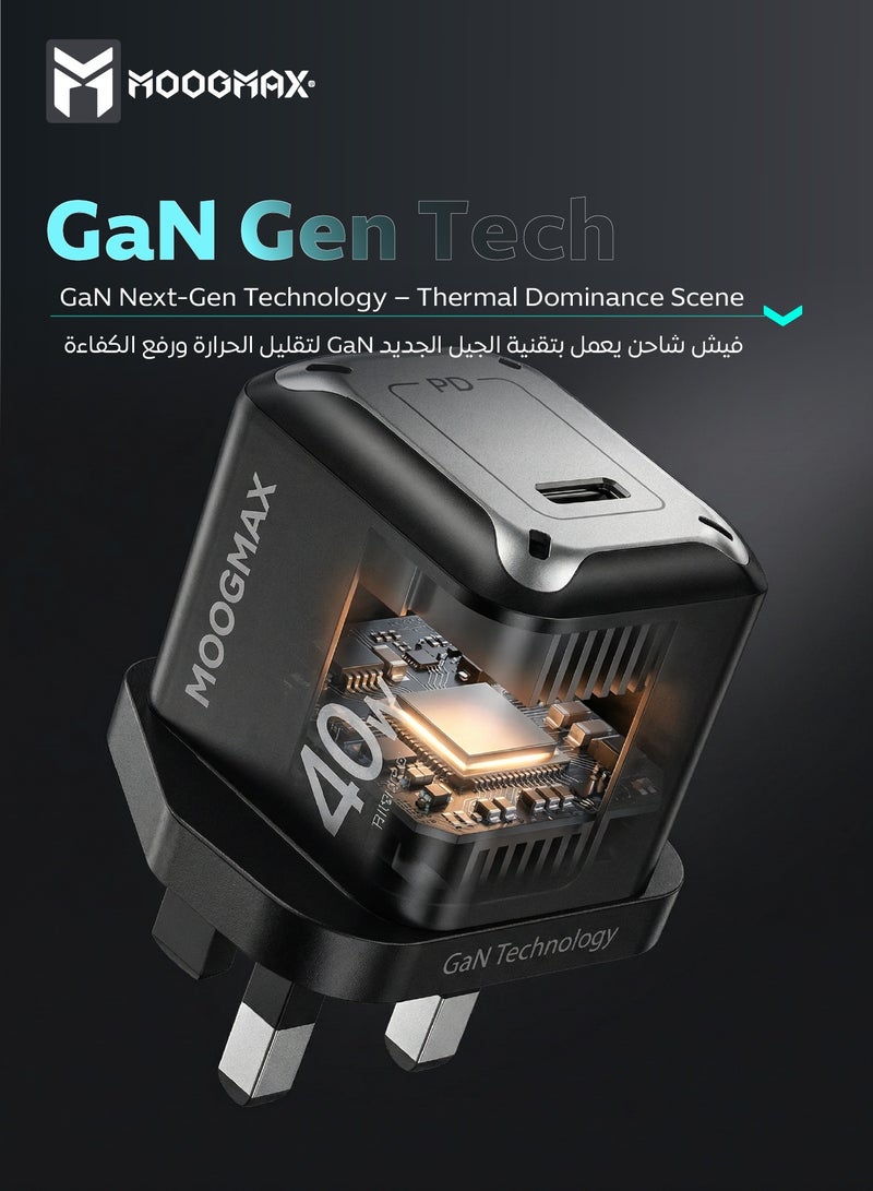 موجماكس شاحن تايب سي مع سلك شاحن تايب سي من القماش. راس شاحن تايب سي سريع بقوة 40 واط. فيش شاحن بتقنية GaN. فيش جداري بنظام حماية ضد الكهرباء الجهد الزائد. شاحن جداري بحجم صغير ومناسب لسفر. شاحن ايفون، شاحن سامسونج، هونر، هواوي، وغيره من الأجهزة. شاحن جوال باللون الأسود. - Image 2