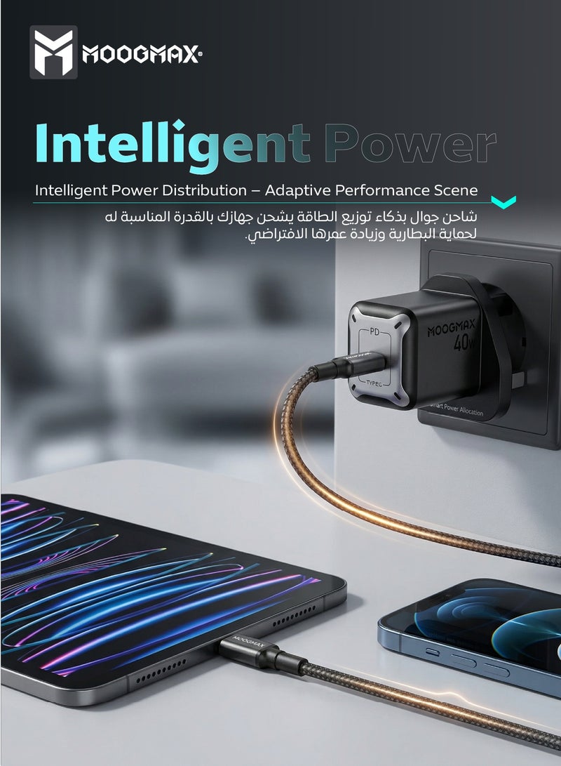 موجماكس شاحن تايب سي مع سلك شاحن تايب سي من القماش. راس شاحن تايب سي سريع بقوة 40 واط. فيش شاحن بتقنية GaN. فيش جداري بنظام حماية ضد الكهرباء الجهد الزائد. شاحن جداري بحجم صغير ومناسب لسفر. شاحن ايفون، شاحن سامسونج، هونر، هواوي، وغيره من الأجهزة. شاحن جوال باللون الأسود. - Image 3