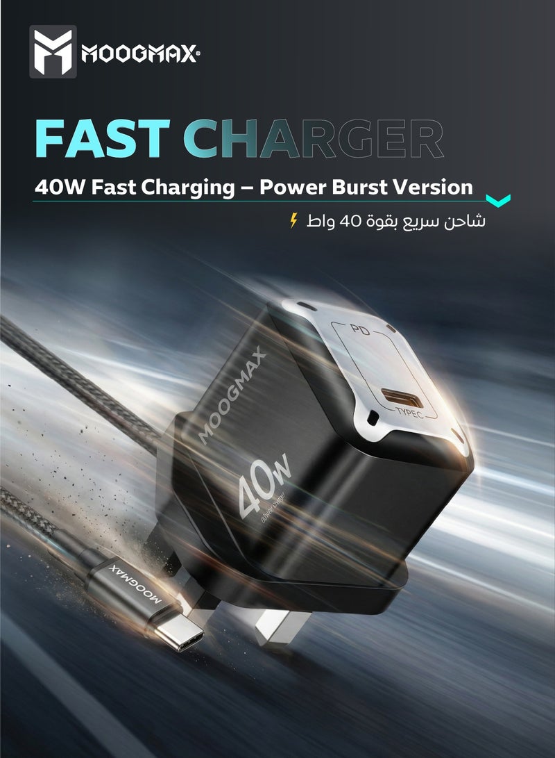 موجماكس شاحن تايب سي مع سلك شاحن تايب سي من القماش. راس شاحن تايب سي سريع بقوة 40 واط. فيش شاحن بتقنية GaN. فيش جداري بنظام حماية ضد الكهرباء الجهد الزائد. شاحن جداري بحجم صغير ومناسب لسفر. شاحن ايفون، شاحن سامسونج، هونر، هواوي، وغيره من الأجهزة. شاحن جوال باللون الأسود. - Image 5