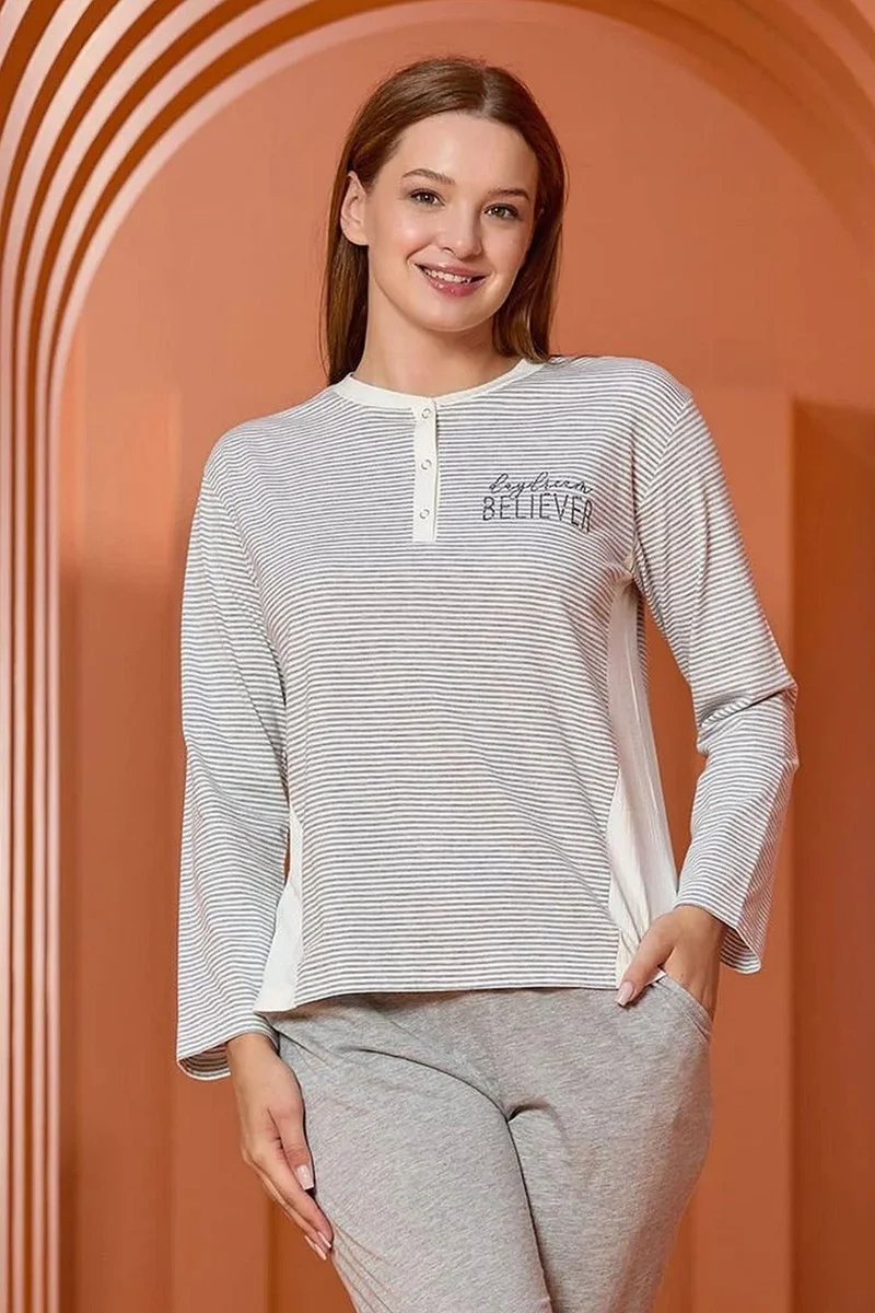 Cossy By Aqua 25066 Women's Half-Buttoned Collar Long Sleeve Pajama Set-Striped