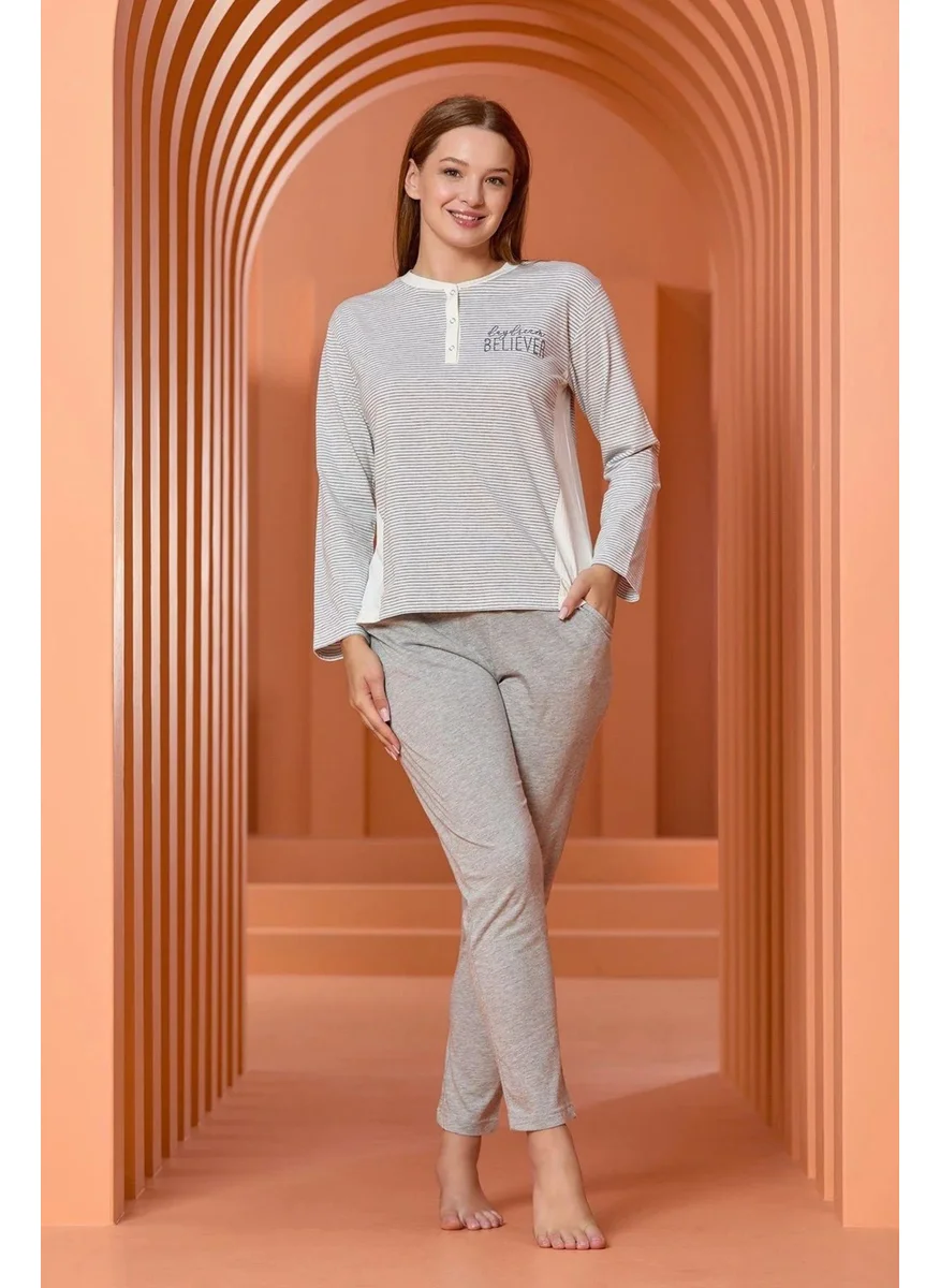 Cossy By Aqua 25066 Women's Half-Buttoned Collar Long Sleeve Pajama Set-Striped