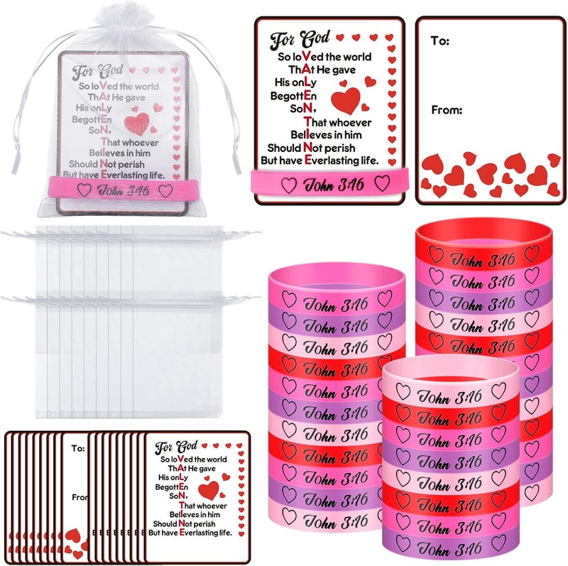 Vinsot 36 Set108 Pcs John 3 16 Valentines Day Cards with Bracelets Gift Set Include 36 Religious Valentines Wristbands 36 Christian Valentine Cards 36 Organza Bags for Valentines Exchange Gifts - Image 1