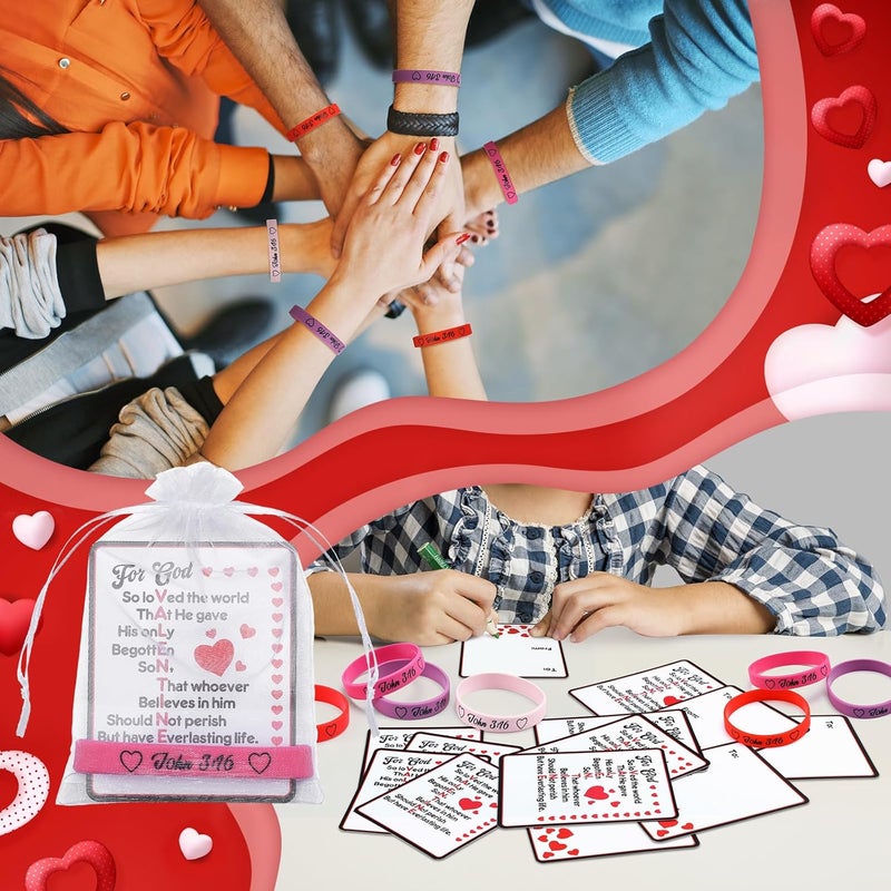 Vinsot 36 Set108 Pcs John 3 16 Valentines Day Cards with Bracelets Gift Set Include 36 Religious Valentines Wristbands 36 Christian Valentine Cards 36 Organza Bags for Valentines Exchange Gifts - Image 5