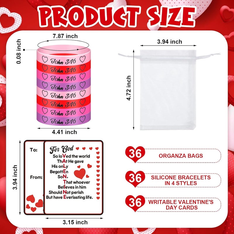 Vinsot 36 Set108 Pcs John 3 16 Valentines Day Cards with Bracelets Gift Set Include 36 Religious Valentines Wristbands 36 Christian Valentine Cards 36 Organza Bags for Valentines Exchange Gifts - Image 2