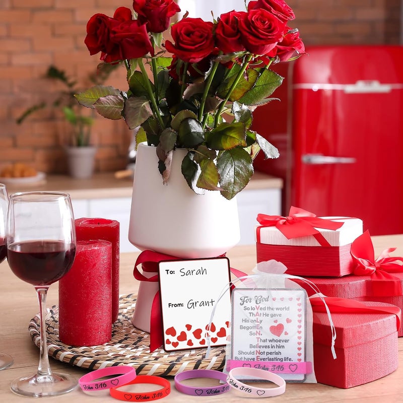Vinsot 36 Set108 Pcs John 3 16 Valentines Day Cards with Bracelets Gift Set Include 36 Religious Valentines Wristbands 36 Christian Valentine Cards 36 Organza Bags for Valentines Exchange Gifts - Image 4