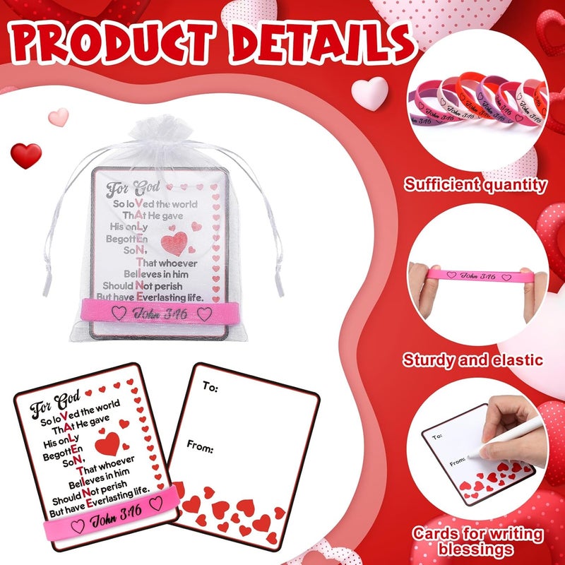 Vinsot 36 Set108 Pcs John 3 16 Valentines Day Cards with Bracelets Gift Set Include 36 Religious Valentines Wristbands 36 Christian Valentine Cards 36 Organza Bags for Valentines Exchange Gifts - Image 3