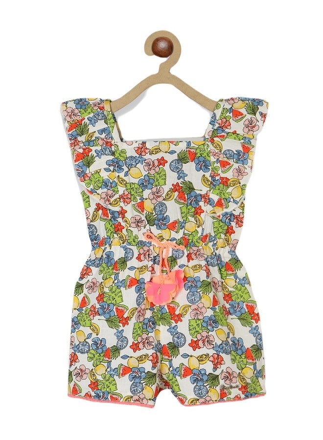 Nautinati Girls Printed Strap Sleeve Jumpsuit with Waist Tie Up | Rayon | Age 0-3 Years Multicolour - Image 1